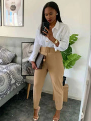 Solid Color Belted Pencil  Pants