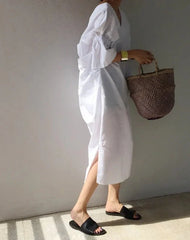 Backless V-Neck Short Sleeves Side Slit Dresses