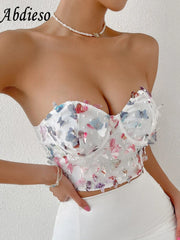 Back To College Strapless Summer Butterfly Crop Corset Top Women Fashion 2022 White Backless Sexy Tube Tank Tops Party Corsets Elegant