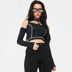 Style High Neck Cut Out Long Sleeve Crop Top - Black