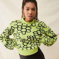 Bold Contrast Floral Bishop Sleeve Rib Knit Sweater - Green