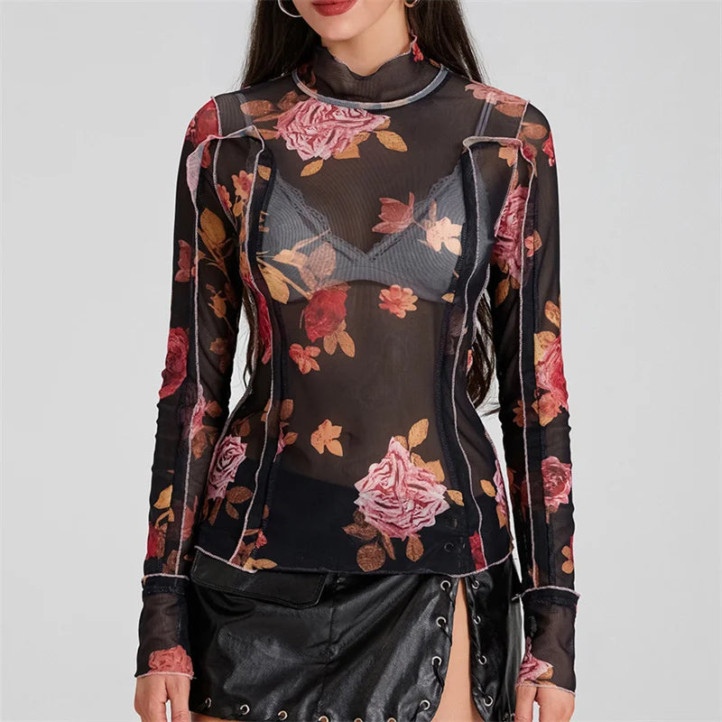 Pydshop Women Floral Print Mesh Top Long Sleeve Mock Neck See Through Tee Lettuce Trim Sheer Shirt Y2K Summer Blouse Top Streetwear