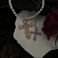 Cross Diamond Pearl Necklace