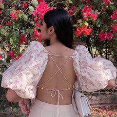 Sweet Lace Up Floral Printed Puff Sleeve Crop Top - Beige