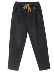 Women'S Winter Velvet Thickened Jeans Elastic Waist Tied Harem Pants