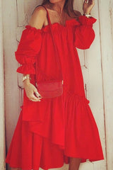 Casual Solid Flounce Off The Shoulder Cake Skirt Dresses(4 Colors)