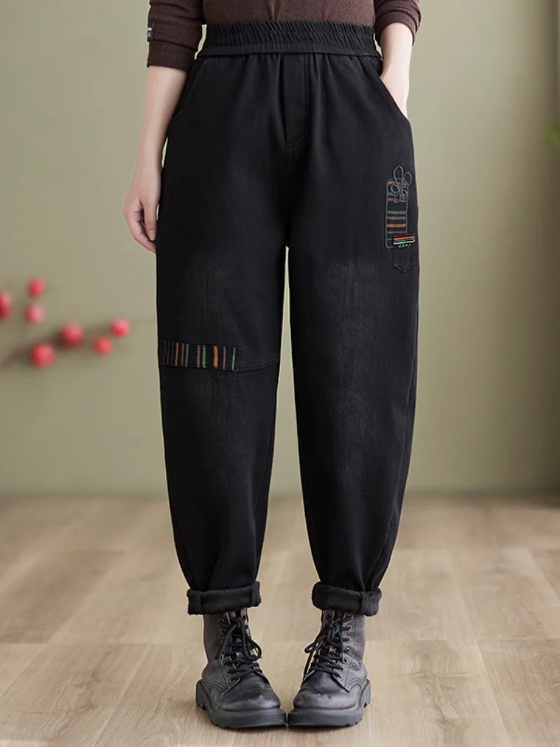 Women'S Winter Embroidery Fleece Thickened Loose Jeans Harem Pants