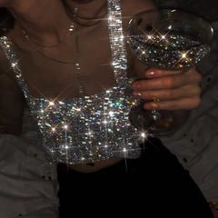 Pydshop Metal Mesh Rhinestone Sleeveless Tank Top Women Back Hollow Chain Crop Tops Hot Girl Beach Sexy Club Party Vest Femme