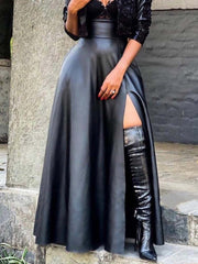 High Waist Side Slit Pu Skirt