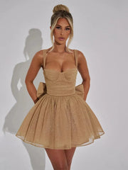 Sparkling Apricot Spaghetti Strap Mini Dress