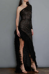 Sexy Party Solid See-Through Feathers Oblique Collar Irregular Dress Dresses