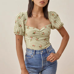 Pydshop Women Blouses Fashion Plaid And Floral Print Beach Casual Summer Tops Sweetheart Neck Short Puff Sleeve Elegant Blouse Top