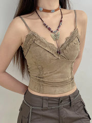 Pydshop Y2K Lace Mini Vest Women Spaghetti Strap Khaki Crop Top Women Harajuku Basic Casual Sweats Vintage Chic Camis Summer