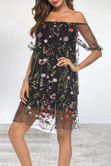 Elegant Animal Flowers Leaves Lace Embroidered Off The Shoulder A Line Dresses