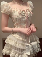 Pydshop Sweet Square Collar Bow Puff Sleeve Slim Fit Floral Tops Women+ High Waist Ruched Lace Skirts 2024 Summer New Two Piece Sets