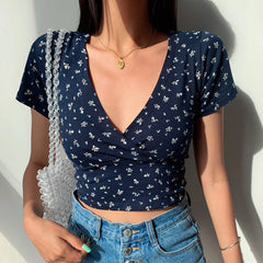 Back To College Summer French Retro Floral V-Neck Short-Sleeved T-Shirt Slim Slimming Wild High Waist T-Shirt Women'S Top