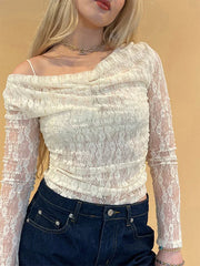 Pydshop Women Autumn Off Shoulder Long Sleeve T Shirts Lace Floral See Through Boat Neck Shirts Spring Casual Slim Fit Tops Streetwear