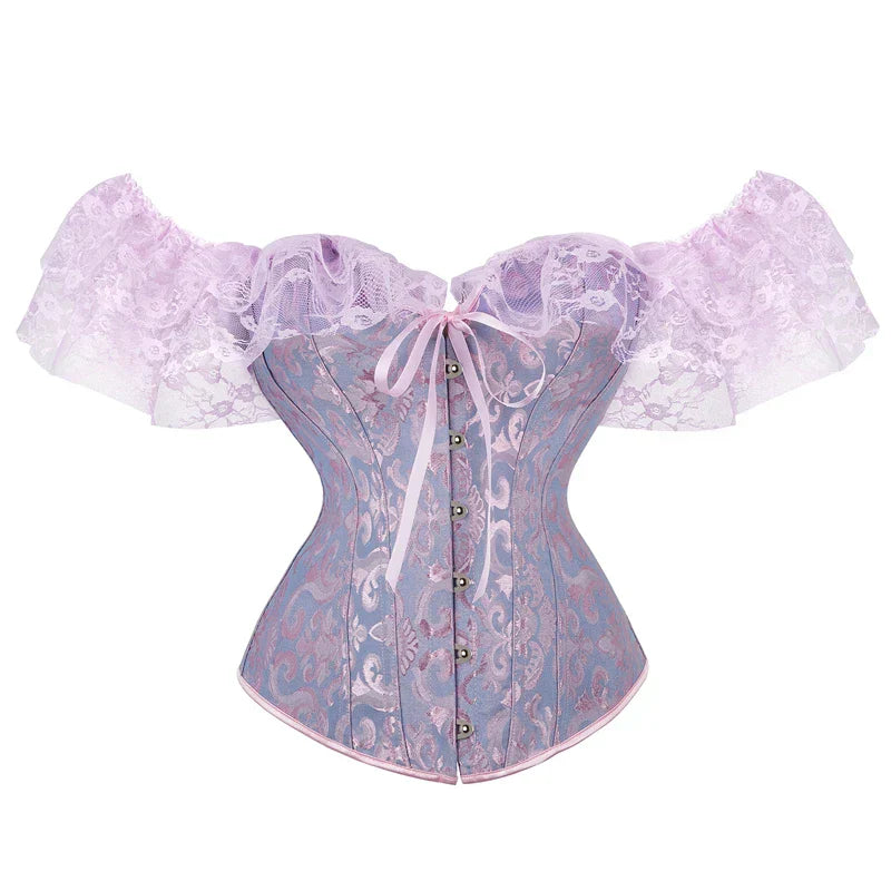 Pydshop Sexy Women Off Shoulder Corset Top With Floral Lace Sleeve Lace Up Bustier Fishbone Overbust Corset Bodyshaper Lingerie Top Y2K