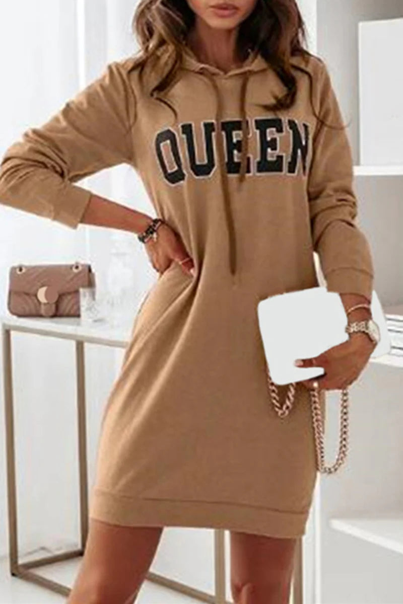 Casual Letter Draw String Hooded Collar Dresses