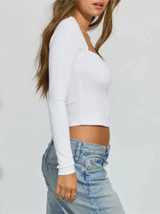 Pydshop Square Neck Long Sleeve Crop Top Women Autumn Solid Slim Fit Floral Patchwork Sexy T Shirts Y2K Aesthetic Streetwear