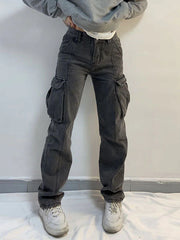 Washed Mid Waist Pocket Cargo Jeans