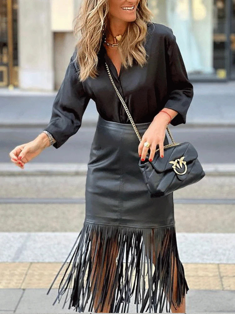Pu Tassels Patchwork Skirt