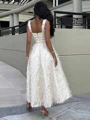 Sexy White Feather Backless Midi Dress