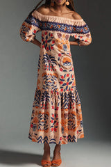 Elegant College Floral Patchwork Off The Shoulder Printed Dress Dresses
