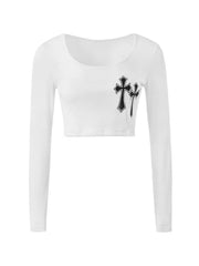 Cross Embroidered Ribbed Knit Crop Top