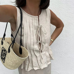 Pydshop Lace-Up Cotton Linen Women'S T-Shirt Frill Splice Solid Color Top Fashion Loose Sleeveless Hot Girl Club Party Top Summerchristmas Gifts