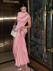 Fashion Solid Irregular Pleated Maxi Dress
