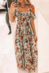 Elegant Floral Stringy Selvedge Square Collar Printed Dress Dresses(2 Colors)