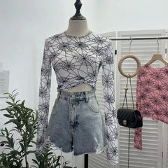 Pydshop Spider Print Mesh See Through Bottoming  Long Sleeve T-Shirt Dark Hot Girl Slim Short Top Y2K Partyclub Wear Daily Essential9908