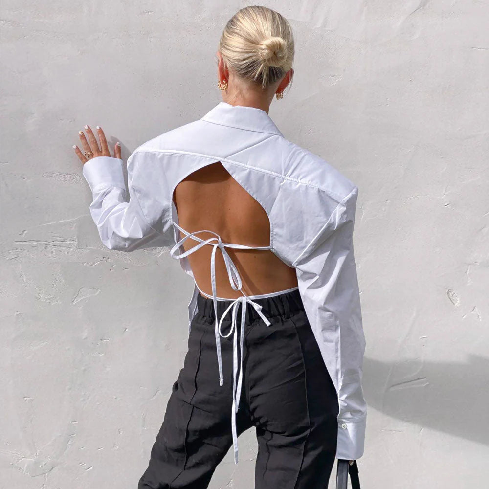 Shoulder Pad Pointed Collar Tie String Blouse - White