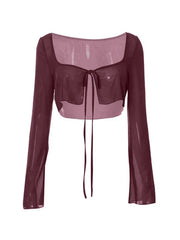 Tie Front Cropped Mesh Long Sleeve Blouse