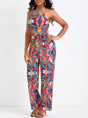 Sleeveless Halter Bandage Printed Jumpsuit