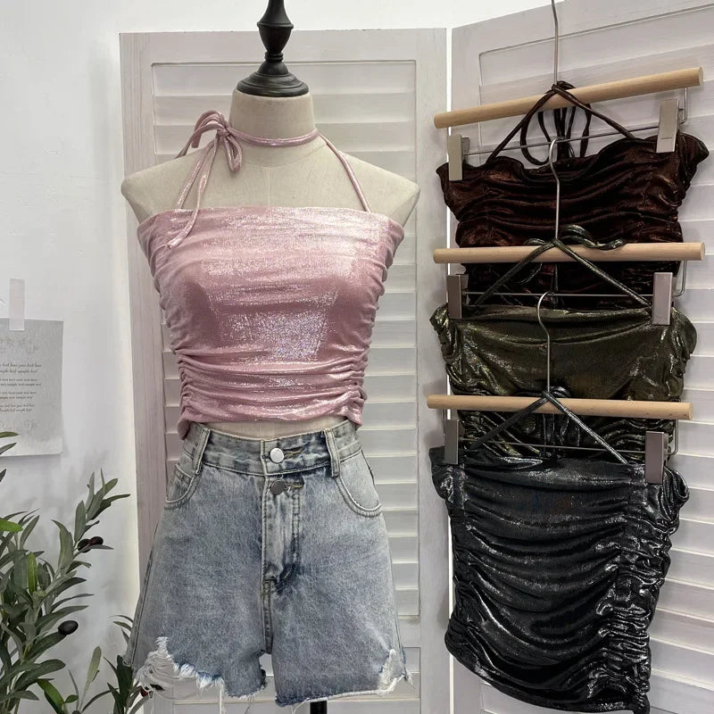 Pydshop Women'S Sexy Pleated Halter Neck Gilt Sleeveless Short Camisole Y2K Tube Top Casual Partyclub Streetwear Essential Outfits 1368