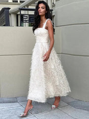 Sexy White Feather Backless Midi Dress
