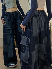 Vintage Blue Checkered Baggy Cargo Jeans