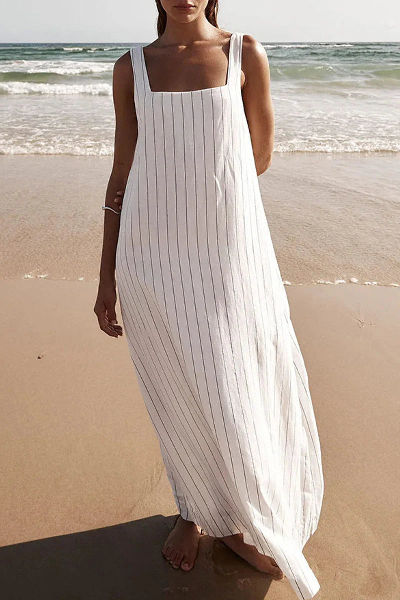 Casual Striped Print Patchwork Square Collar Sleeveless Dresses