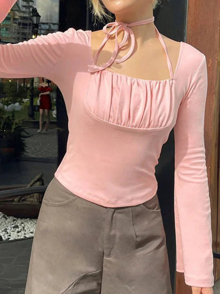 Pydshop 2024 Fashion Woman Tops Y2K Style Pink Halter Flare Sleeve Square Neck Top