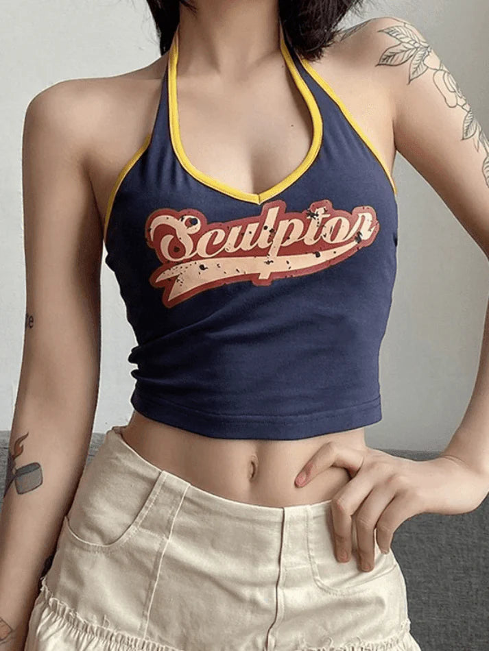 Logo Print Halter Cropped Tank Top