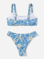 Lace Up Floral Print Strap Bikini Set