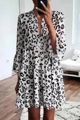 Casual Leopard Patchwork V Neck Cake Skirt Dresses
