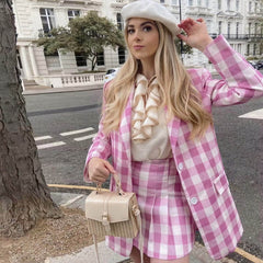 Sweet Plaid Print Long Sleeve Blazer And Pleated Mini Skirt Matching Set - Pink