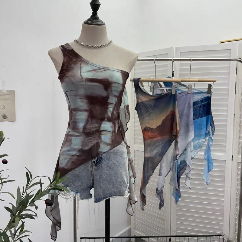Pydshop Ladies Off-Shoulder Camisole Slim Fit Vest Hot Girl Sexy Tie-Dye Mesh Irregular Ribbon Tank Top Ruffled Party Leisure Essential