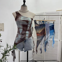 Pydshop Ladies Off-Shoulder Camisole Slim Fit Vest Hot Girl Sexy Tie-Dye Mesh Irregular Ribbon Tank Top Ruffled Party Leisure Essential