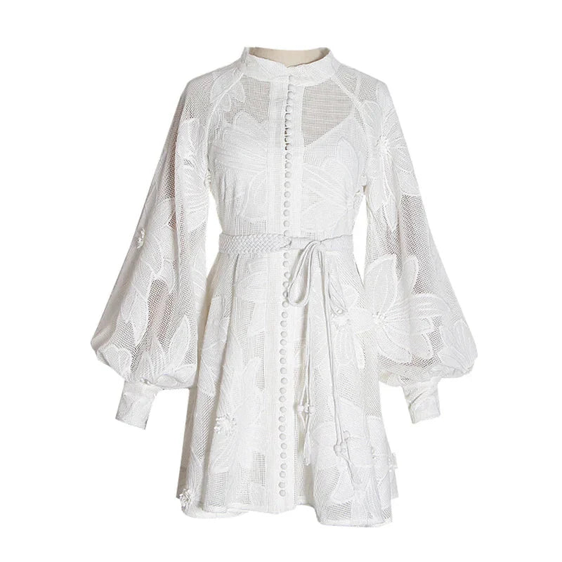 Elegant Lantern Long Sleeve High Waist White Mini Dresses
