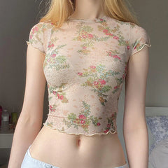 Pydshop Women Y2K Top Short Sleeve Mesh See Through Printed Aesthetic Floral T-Shirt Summer Girls Sexy Crop Top Streetwear