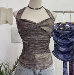 Pydshop Tie Dye Denim Print Pleated Mesh Camisole Women'S Halter Tie Bow Halter Crop Top Cute Party Sweats Holiday Mini Vest Summer Tee